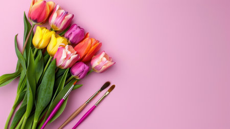 A beautiful arrangement of colorful tulips with art brushes on a soft pink background, perfect for inspiration in floral design and artistic projects.の素材