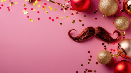 Colorful and cheerful arrangement of shiny ornaments, a playful mustache, and confetti on a pink background, perfect for festive holiday celebrations.の素材