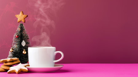 This inviting holiday scene features a steaming cup of coffee beside delicious cookies and a charming Christmas tree, creating a warm atmosphere for winter celebrations.の素材