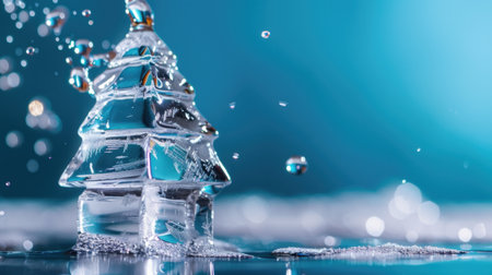 A stunning close-up shot of an ice sculpture shaped like a Christmas tree, adorned with glistening water droplets on a smooth surface, radiating holiday spirit.の素材