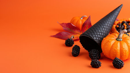 A vibrant autumn scene featuring a black waffle cone surrounded by fresh blackberries and miniature pumpkins, perfect for seasonal events and Halloween.の素材