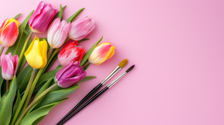 A vibrant arrangement of colorful tulips alongside art brushes on a cheerful pink background, ideal for spring-themed crafts and artistic inspiration.の素材