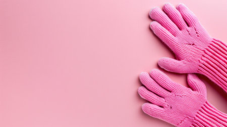 A pair of soft pink knitted gloves rests on a smooth pink background, perfect for showcasing winter accessories and fashion concepts with a cozy vibe.の素材