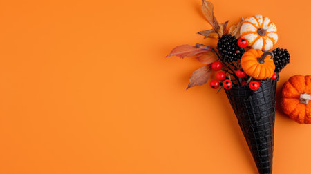 This vibrant autumn-themed decoration features mini pumpkins and berries arranged in a stylish black cone against a bright orange background, perfect for festive celebrations.の素材