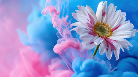A stunning closeup of a daisy flower emerges amidst colorful pink and blue smoke, creating a striking visual effect perfect for artistic themes.の素材