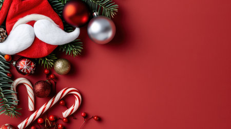 Vibrant arrangement of Christmas decorations featuring a Santa hat, colorful ornaments, candy canes, and pine branches on a striking red background, ideal for holiday themes.の素材