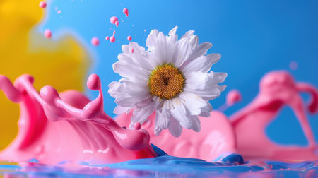 A stunning image featuring a white daisy flower amidst vibrant splashes of pink and blue paint. The composition captures the essence of creativity and freshness, ideal for art and nature themes.の素材
