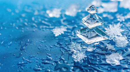 A captivating image featuring crystal ice shapes atop a blue surface adorned with delicate snowflakes and glistening water drops, evoking a serene winter ambiance.の素材