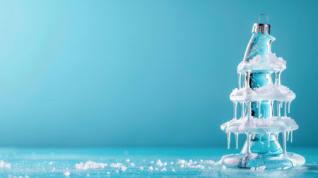 A stunning decorative Christmas ornament resembling a snowy tree, showcasing delightful blue and white glaze on a vibrant turquoise background.の素材