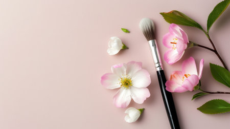 A serene and artistic arrangement featuring a makeup brush and delicate pink flowers against a soft background. Perfect for beauty and lifestyle themes.の素材
