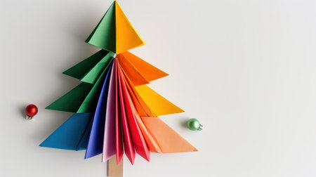 This vibrant origami Christmas tree showcases a playful arrangement of colorful paper triangles, creating a festive atmosphere perfect for holiday decorations.の素材