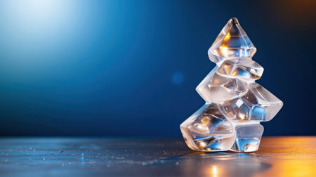 A stunning crystal tree decoration placed on a sparkling surface, radiating elegance with a soft blue background and warm light accents, perfect for festive themes.の素材