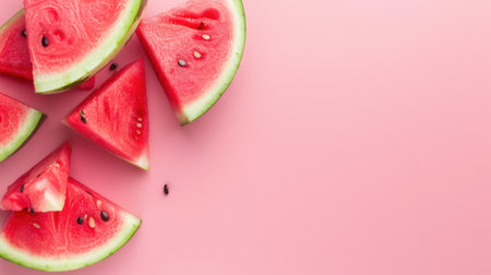 A collection of fresh watermelon slices arranged artistically on a soft pink background, ideal for representing summer vibes, healthy eating, and delicious snacks.の素材