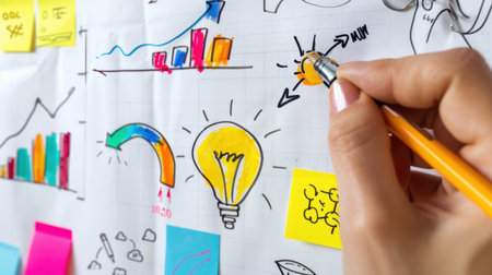 A hand sketches ideas on a vibrant paper filled with charts and colorful notes, illustrating the creative process for business planning and innovation.の素材
