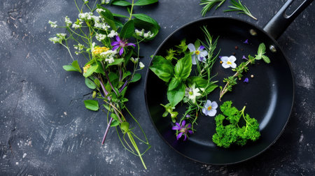 A black skillet showcases an array of fresh herbs and colorful edible flowers, perfect for adding a touch of nature to your culinary creations.の素材