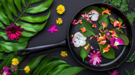 Beautiful arrangement of colorful flower petals and green leaves placed artistically in a skillet, perfect for nature-inspired decoration and designs.の素材