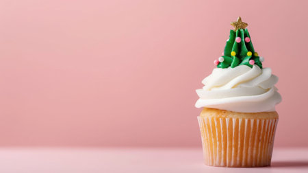A delightful Christmas cupcake featuring a green tree decoration topped with vibrant candies and creamy frosting, set against a soft pink background.の素材