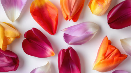 A stunning display of colorful tulip petals in various shades arranged artistically on a bright background, perfect for floral and spring-themed projects.の素材