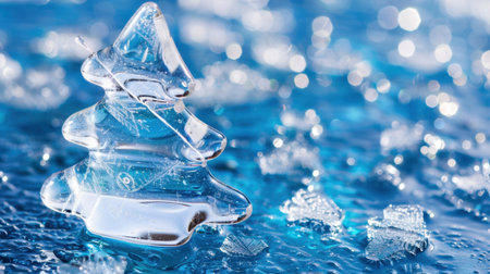 A stunning crystal ice sculpture of a Christmas tree sits on a reflective surface, surrounded by shimmering light bokeh, capturing the essence of winter holidays.の素材