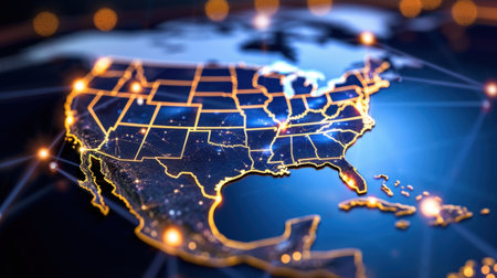 This stunning image features a detailed nighttime map of the United States, highlighting state boundaries and illuminated connections, symbolizing networks and technology.の素材