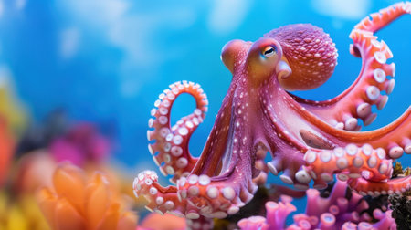 This stunning image captures a vibrant octopus in its natural habitat, surrounded by colorful coral in a tropical ocean environment, showcasing marine biodiversity.の素材
