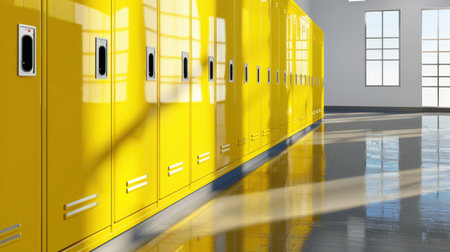 A vibrant hallway featuring bright yellow lockers designed for student storage in a modern educational facility. Sunlight creates captivating reflections on the shiny floor, enhancing the inviting atmosphere.の素材