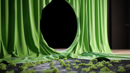 A striking green curtain with a circular cutout is set in a dramatic indoor space, surrounded by scattered texture on the floor, creating a dynamic backdrop perfect for artistic presentations or theatrical performances.の素材