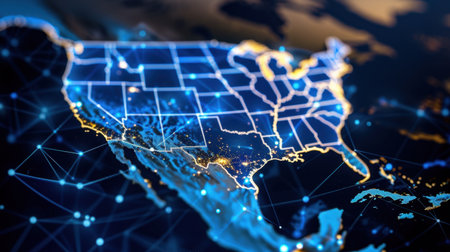 A high-tech visual representation of the United States showcases illuminated cities and network connections, embodying modern geography and communication.の素材