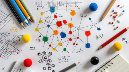 A vibrant workspace filled with colorful tools and abstract drawings, perfect for illustrating creativity and innovation in various projects. Ideal for educational or professional use.の素材