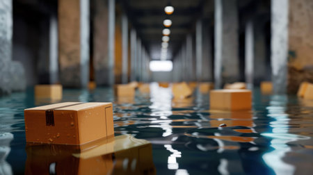 An intriguing scene of a flooded warehouse where cardboard boxes float on water amidst an industrial backdrop. The dim lighting enhances the atmosphere of desolation and tranquility.の素材