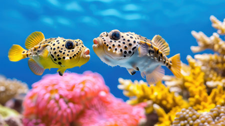 Two lively spotted pufferfish gracefully swim near vibrant coral reefs, showcasing the beauty of marine life and colorful ecosystems underwater.の素材