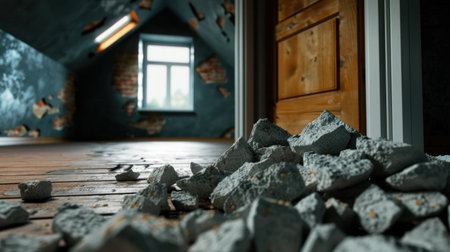 This image shows a distressed interior of an abandoned room, featuring scattered debris and crumbling walls with sunlight highlighting the details.の素材