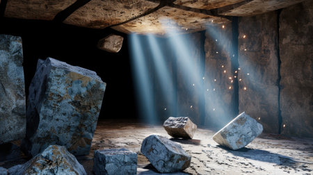 A mystical cave scene featuring striking beams of light filtering through cracks, illuminating scattered stones and creating a dramatic atmosphere.の素材