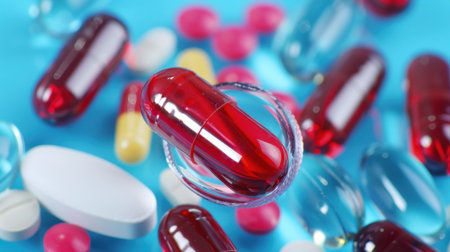A vibrant collection of colorful pills and capsules scattered across a bright blue background, perfect for illustrating topics related to health and wellness.の素材