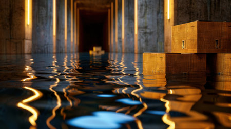 This image captures wooden boxes on a tranquil water surface in a dark tunnel, illuminated by soft neon lights, creating a serene ambiance.の素材