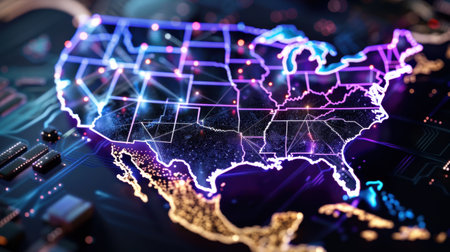 This image showcases a futuristic digital representation of the United States, featuring glowing lines that symbolize connectivity and technological advancement.の素材