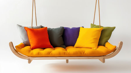 This stunning hanging sofa features a vibrant orange and yellow cushion set, complemented by colorful pillows. Perfect for adding style and comfort to any modern interior.の素材