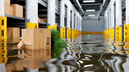 This image depicts a flooded warehouse environment, showcasing floating cardboard boxes, reflections in water, and the impact of natural disaster on logistics.の素材