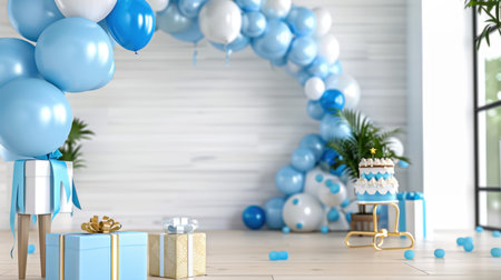 A vibrant celebration scene featuring an arch of blue and white balloons, elegant gifts, and a decorated cake, perfect for any joyful occasion.の素材