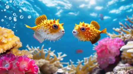 Two vibrant puffer fish swim gracefully through a colorful coral reef, showcasing the beauty and diversity of marine life in a tropical underwater habitat.の素材