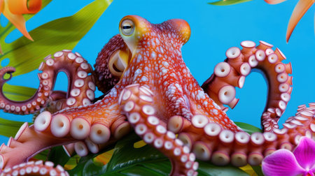 A stunning view of a vibrant octopus resting among colorful coral and lush tropical foliage, showcasing the beauty of underwater life in clear ocean waters.の素材