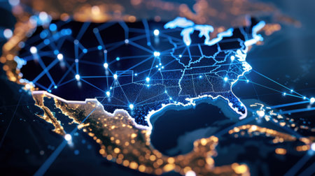 This image depicts a digital map of North America, showcasing a vibrant network of connections and geographical features in illuminated detail, representing technology's impact.の素材