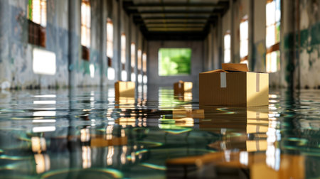 An abandoned industrial space exhibits flooding with cardboard boxes floating serenely atop calm water, creating a reflective and tranquil atmosphere.の素材