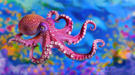 This lively octopus showcases its vibrant colors as it swims gracefully through a stunning underwater environment filled with corals.の素材