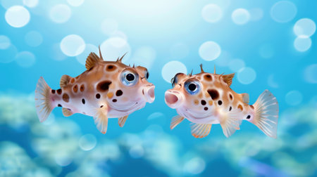 This vibrant illustration features two colorful cartoon fish swimming together in a bright underwater scene filled with bubbles, capturing playful friendship.の素材