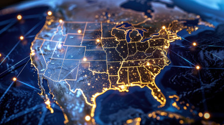 This vibrant aerial view showcases the United States map illuminated at night with dynamic digital network connections, highlighting urban areas and geographical features.の素材