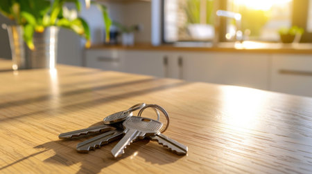 A set of keys rests on a wooden table in a bright kitchen, illuminated by warm morning sunlight. This scene evokes feelings of home and comfort.の素材