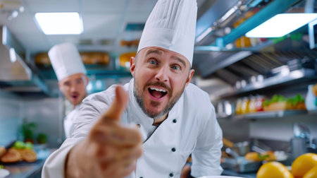 A joyful chef in a busy kitchen is giving a thumbs up, showcasing excitement and satisfaction with his culinary creations and team efforts.の素材