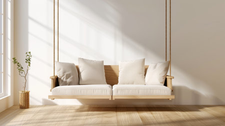 A stunning swing couch made of natural wood with plush white cushions, perfectly positioned in a sunlit room, enhancing comfort and tranquility.の素材