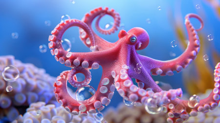 A colorful octopus swimming gracefully in a vibrant underwater scene, surrounded by coral and bubbles, highlighting marine life diversity and beauty.の素材
